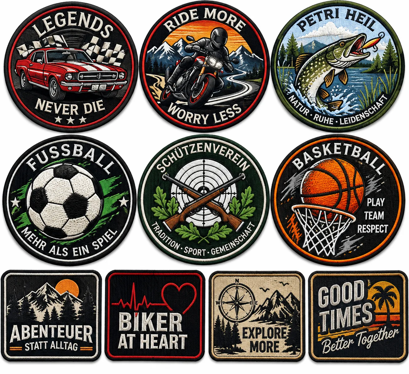 Musterbild mit verschiedenen gestickten Aufnähern und Patches