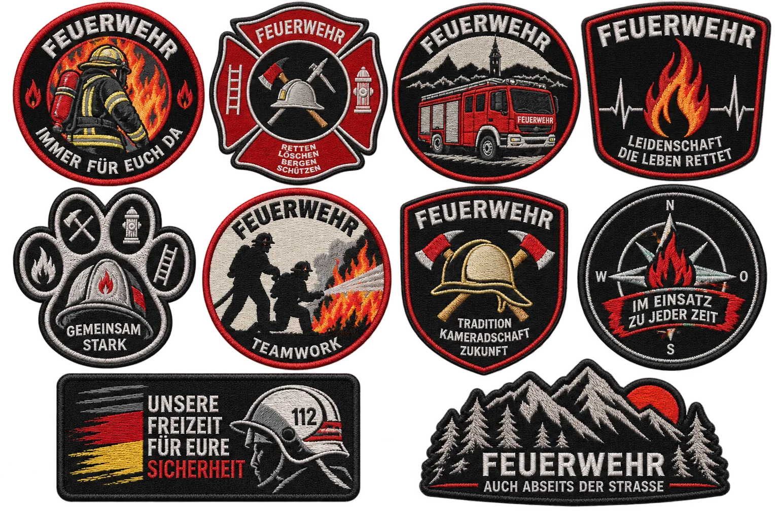 Musterbild mit Feuerwehr-Aufnähern und Patches